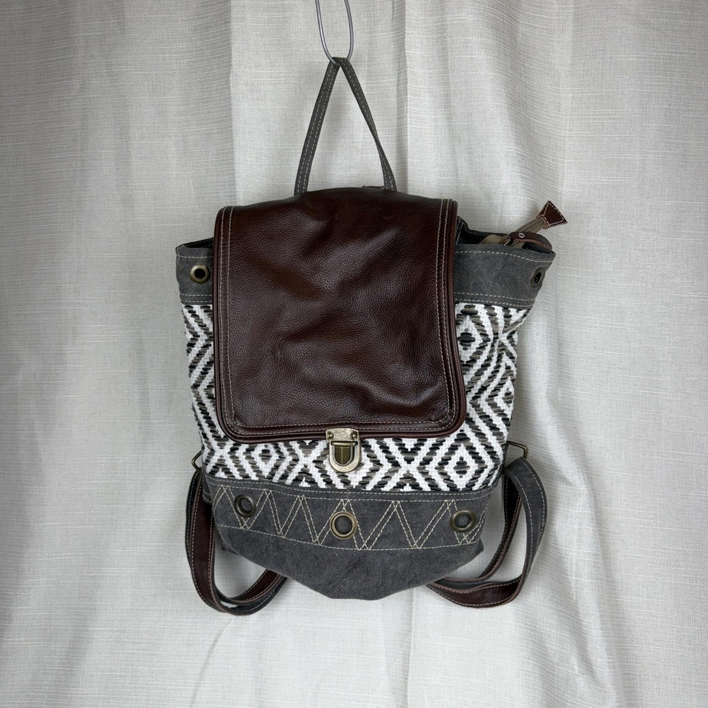 Myra Bag Backpack Bag Womens Medium‎ Gray Brown Canvas Leather Geometric Boho